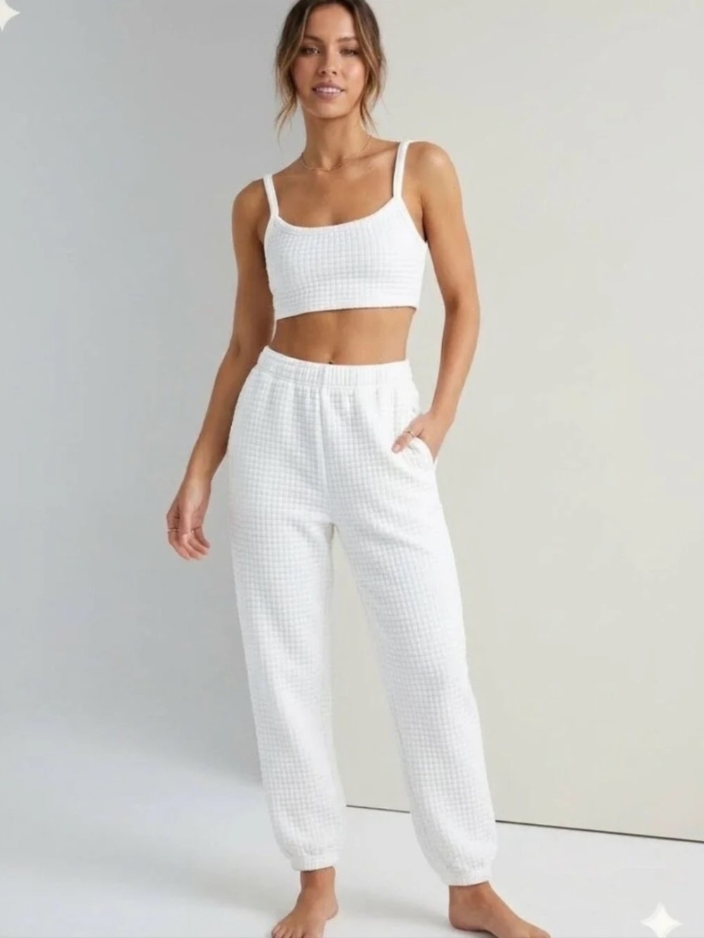 Princess Polly Arabella Quilted Crop Top Pant Lounge Jogger Set White Size 0